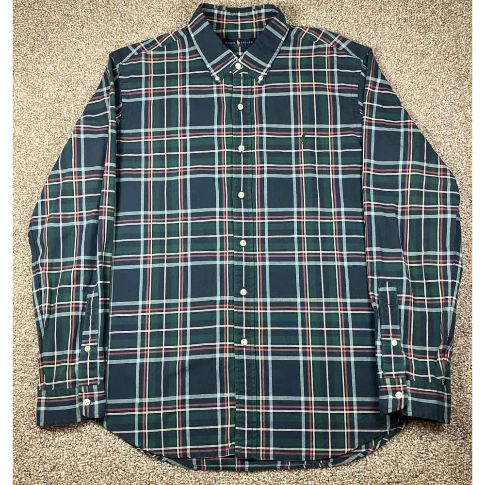 Ralph Lauren Mens XL Plaid Button Down Shirt Green Navy Cotton Long Sleeve
